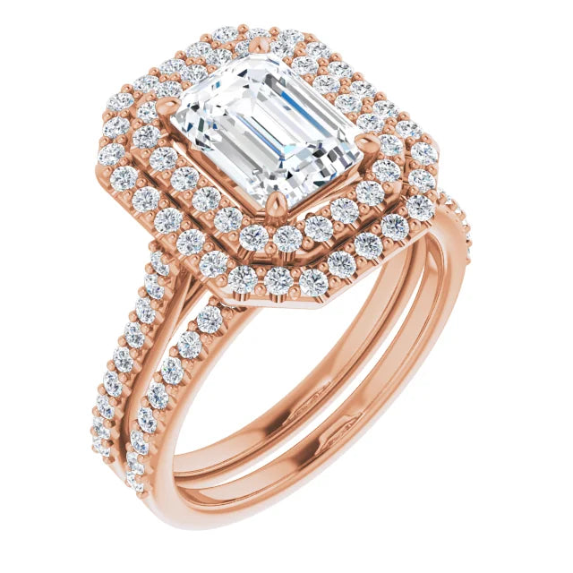 Emerald Double Halo Rose Gold Moissanite Engagement Ring 