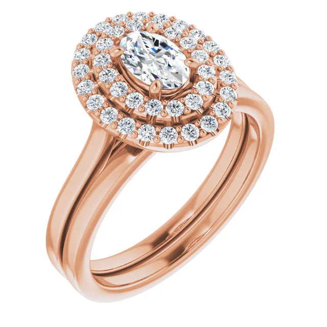 Oval Rose Gold Double Halo Solitaire Moissanite Engagement Ring 
