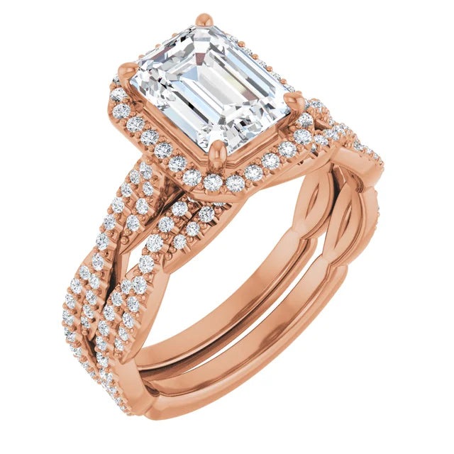 Emerald Rose Gold Halo Twist Pave Moissanite Engagement Ring 