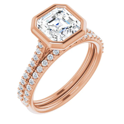 Asscher Rose Gold Bezel Pave Moissanite Engagement Ring 