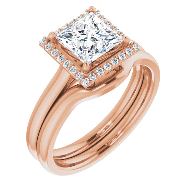 Rose Gold Princess Halo Solitaire Engagement Ring. Moissanite  