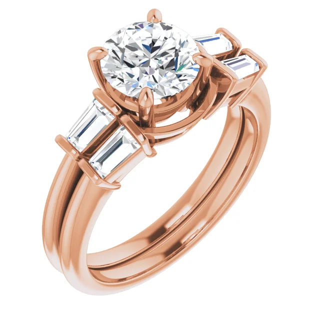 Round Brilliant Rose Gold Baguette Accent Moissanite Engagement Ring