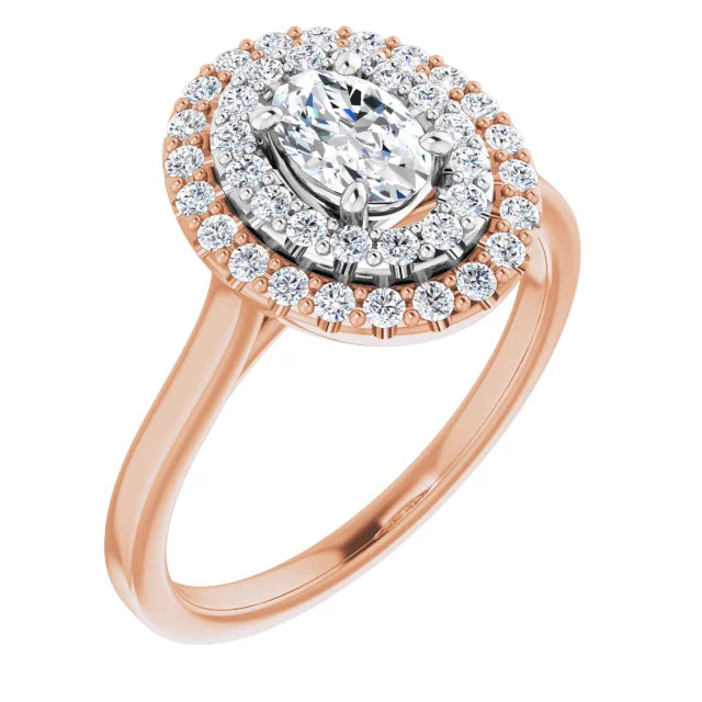 Oval White & Rose Gold Double Halo Solitaire Moissanite Engagement Ring 