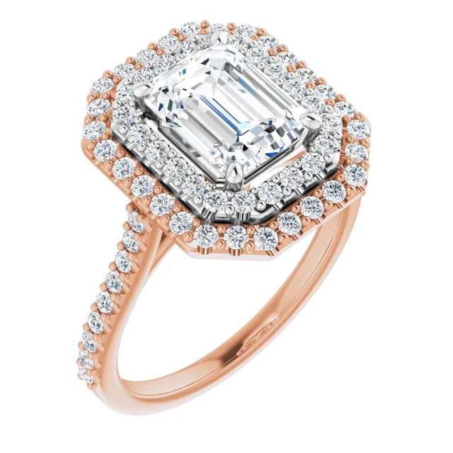 Emerald Double Halo White & Rose Gold Moissanite Engagement Ring 