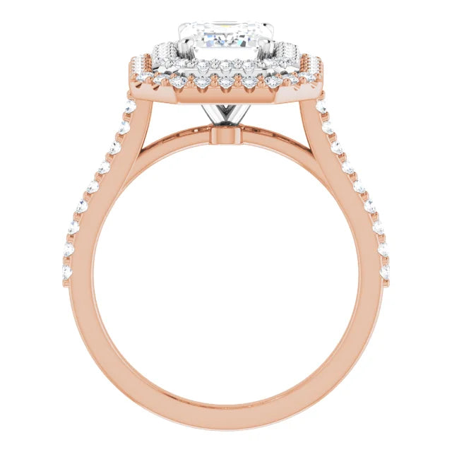 Emerald Double Halo White & Rose Gold Moissanite Engagement Ring 