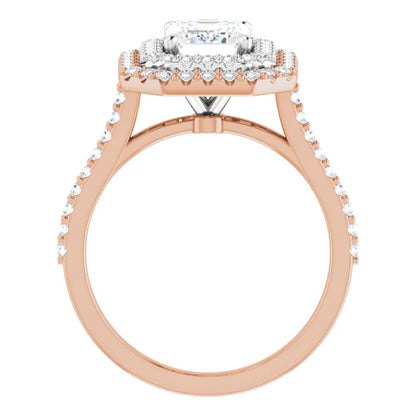 Emerald Double Halo White & Rose Gold Moissanite Engagement Ring 