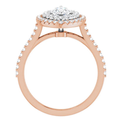 Marquise Double Halo White & Rose Gold Moissanite Engagement Ring 