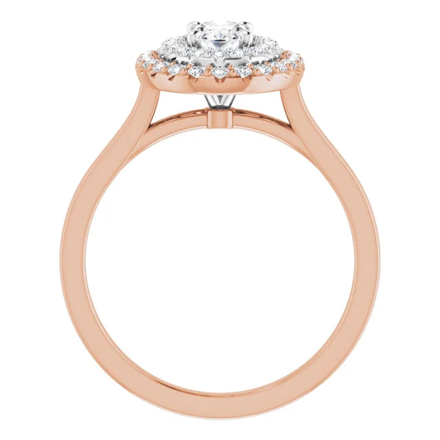 Oval White & Rose Gold Double Halo Solitaire Moissanite Engagement Ring 