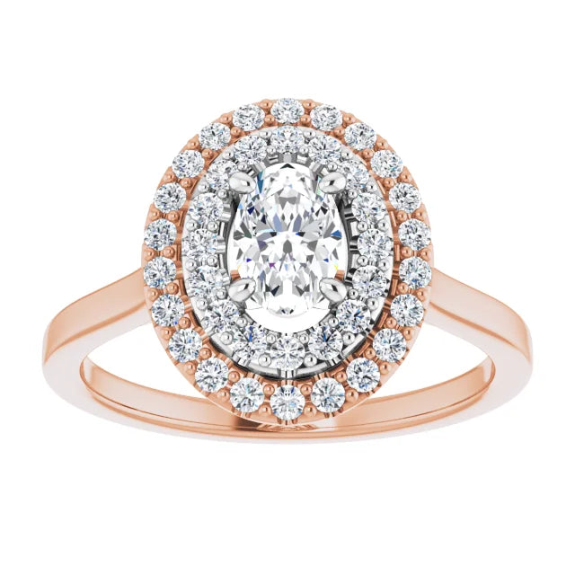 Oval White & Rose Gold Double Halo Solitaire Moissanite Engagement Ring 