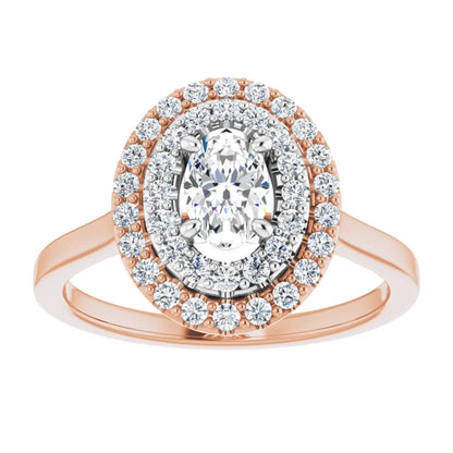 Oval White & Rose Gold Double Halo Solitaire Moissanite Engagement Ring 