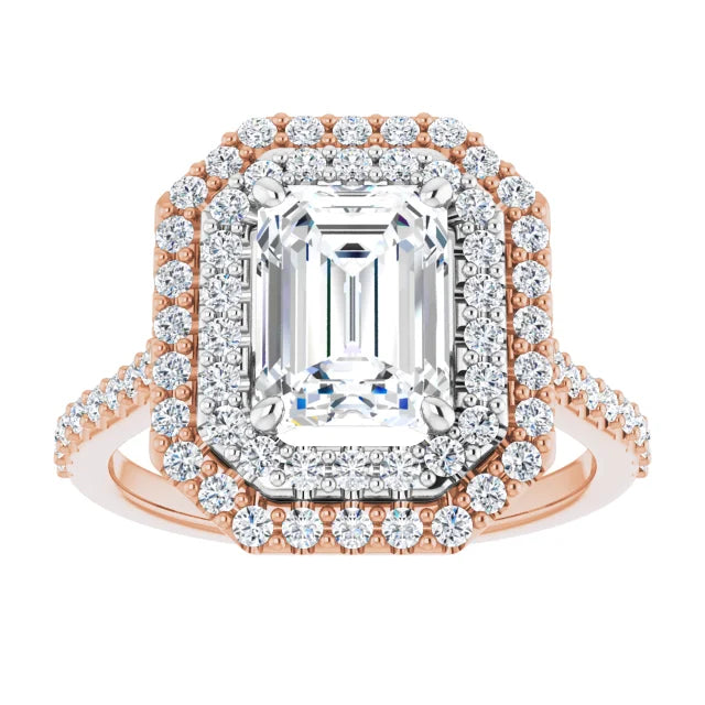 Emerald Double Halo White & Rose Gold Moissanite Engagement Ring 