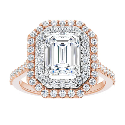 Emerald Double Halo White & Rose Gold Moissanite Engagement Ring 