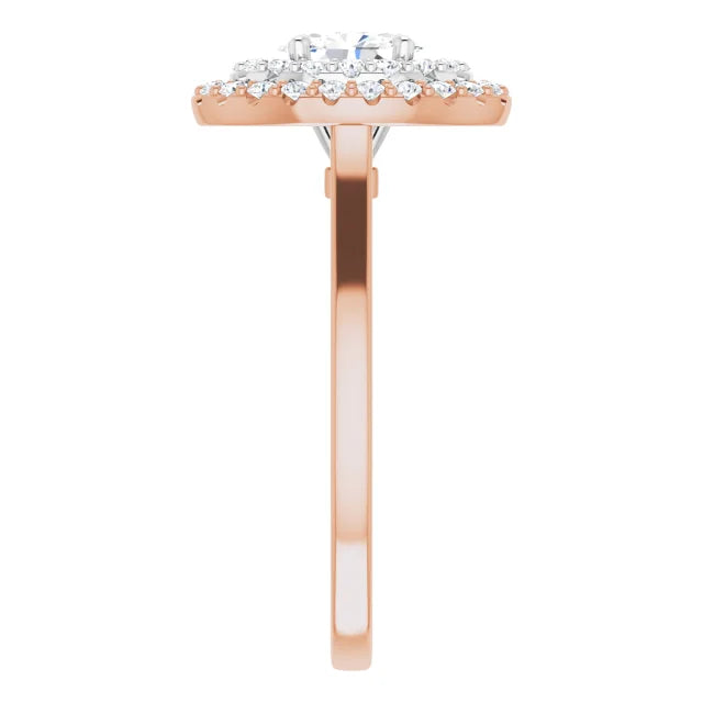 Oval White & Rose Gold Double Halo Solitaire Moissanite Engagement Ring 