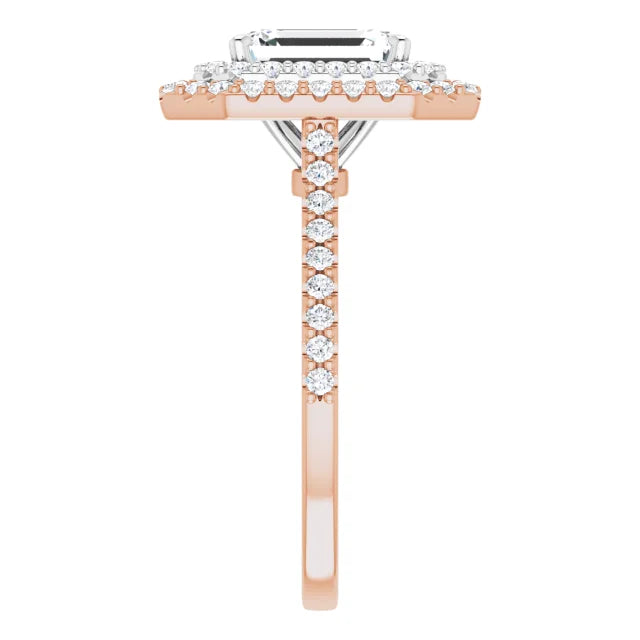Emerald Double Halo White & Rose Gold Moissanite Engagement Ring 