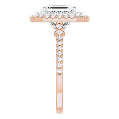 Emerald Double Halo White & Rose Gold Moissanite Engagement Ring 