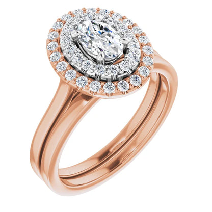 Oval White & Rose Gold Double Halo Solitaire Moissanite Engagement Ring 