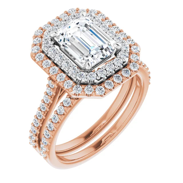 Emerald Double Halo White & Rose Gold Moissanite Engagement Ring 