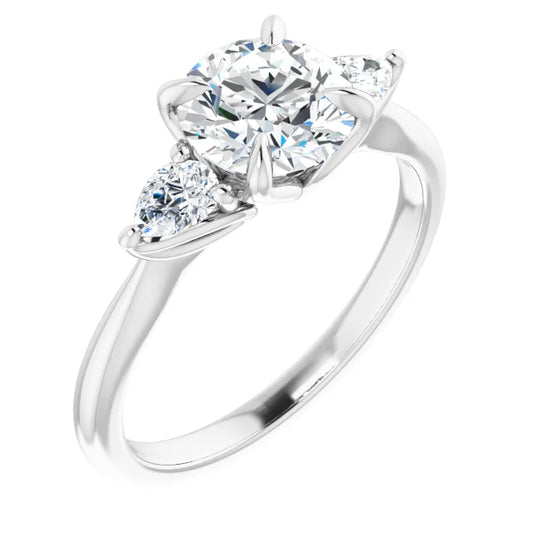 Round Brilliant Tri -Stone Style Pear Accent Engagement Ring