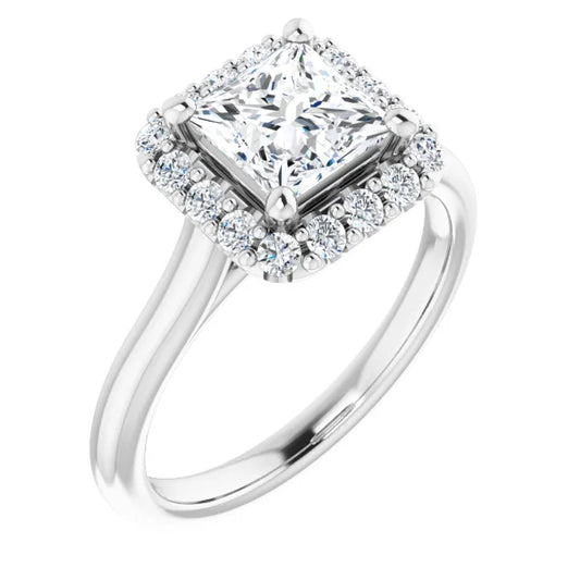 Princess Halo Solitaire White Gold Moissanite Engagement Ring 