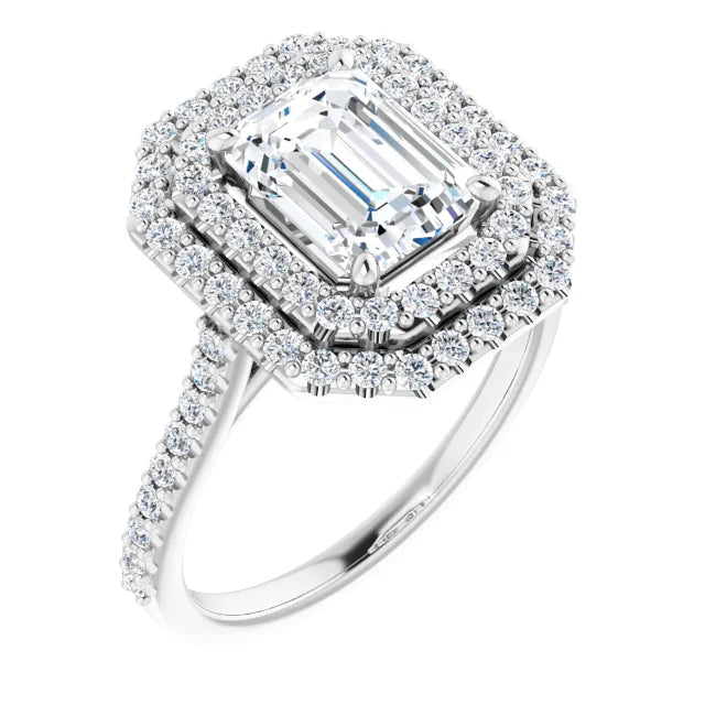 Emerald Double Halo White Gold Moissanite Engagement Ring 
