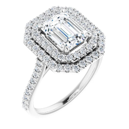 Emerald Double Halo White Gold Moissanite Engagement Ring 