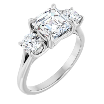 Asscher White Gold Tri Stone Moissanite Engagement Ring 