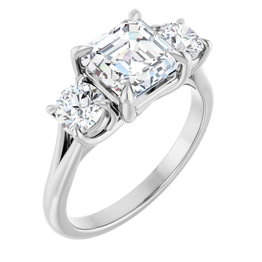 Asscher White Gold Tri Stone Moissanite Engagement Ring 