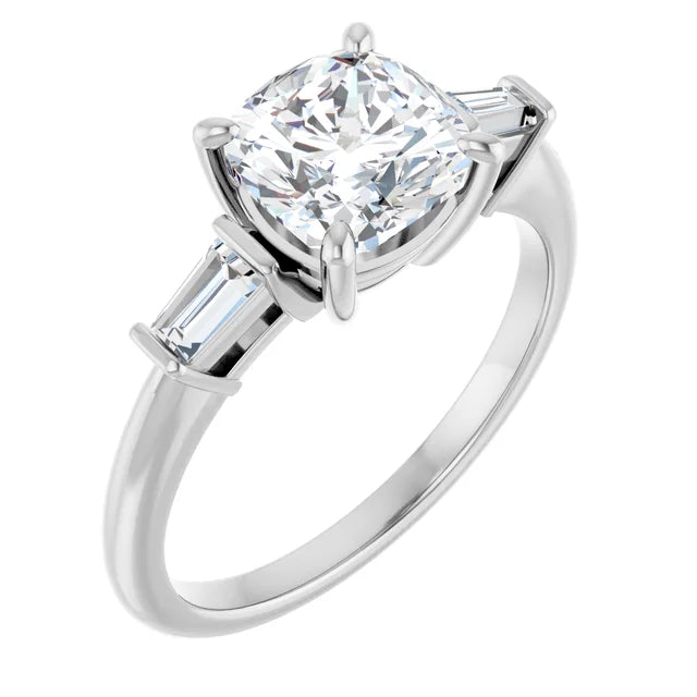 Cushion White Gold Baguette Accent Moissanite Engagement Ring 