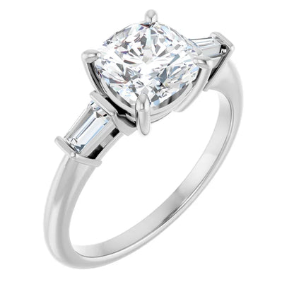 Cushion White Gold Baguette Accent Moissanite Engagement Ring 