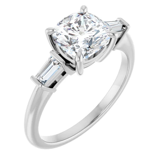 Cushion White Gold Baguette Accent Moissanite Engagement Ring 