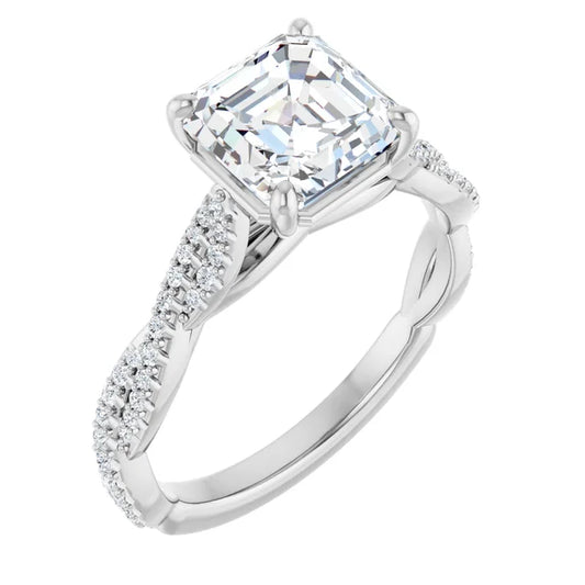 Asscher White Gold Twist Pave Moissanite Engagement Ring 