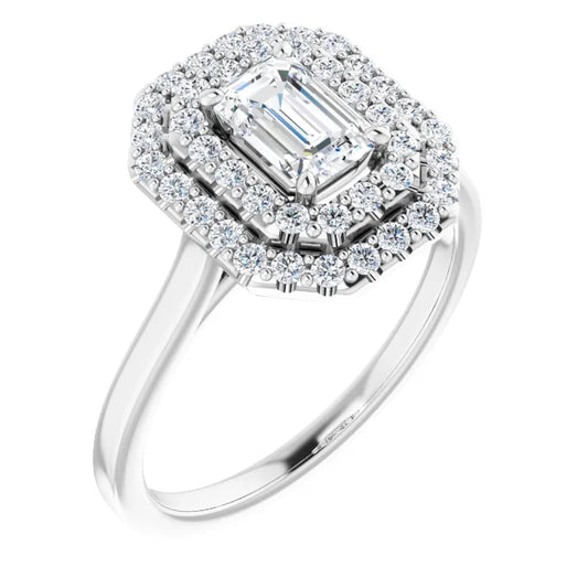 Emerald White Gold Double Halo Solitaire Moissanite Engagement Ring 