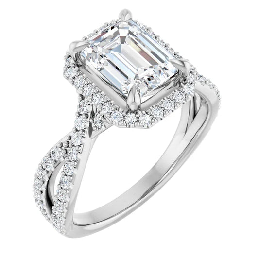 Emerald White Gold Twist Band Halo Moissanite Engagement Ring  