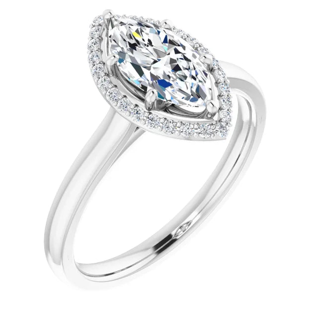 White Gold Marquise Halo Solitaire Engagement Ring. Moissanite  