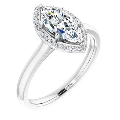 White Gold Marquise Halo Solitaire Engagement Ring. Moissanite  