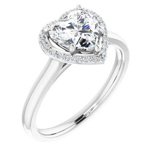 White Gold Heart Halo Solitaire Engagement Ring. Moissanite 