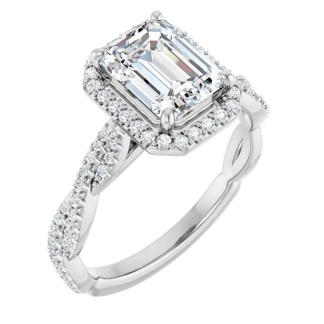 Emerald White Gold Halo Twist Pave Moissanite Engagement Ring 