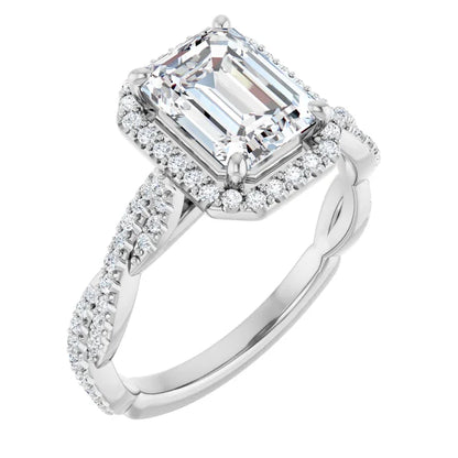 Emerald White Gold Halo Twist Pave Moissanite Engagement Ring 
