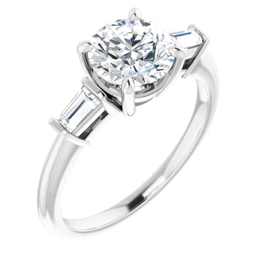 Round Brilliant White Gold Baguette Accent Moissanite Engagement Ring 