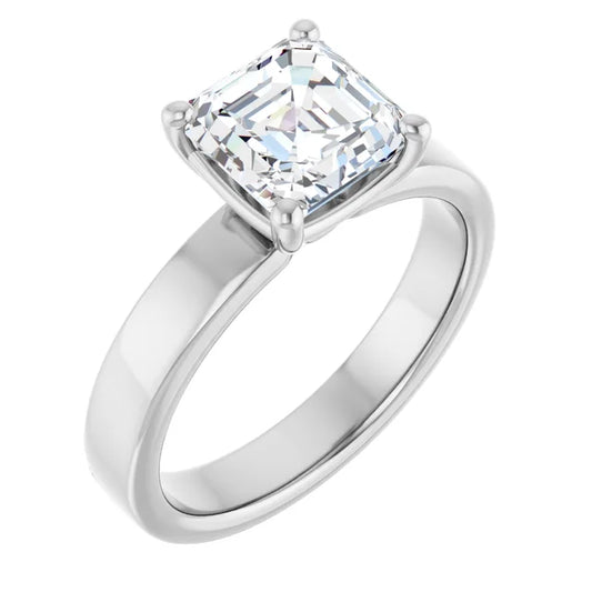 Asscher White Gold Wide Band Solitaire Moissanite Engagement Ring