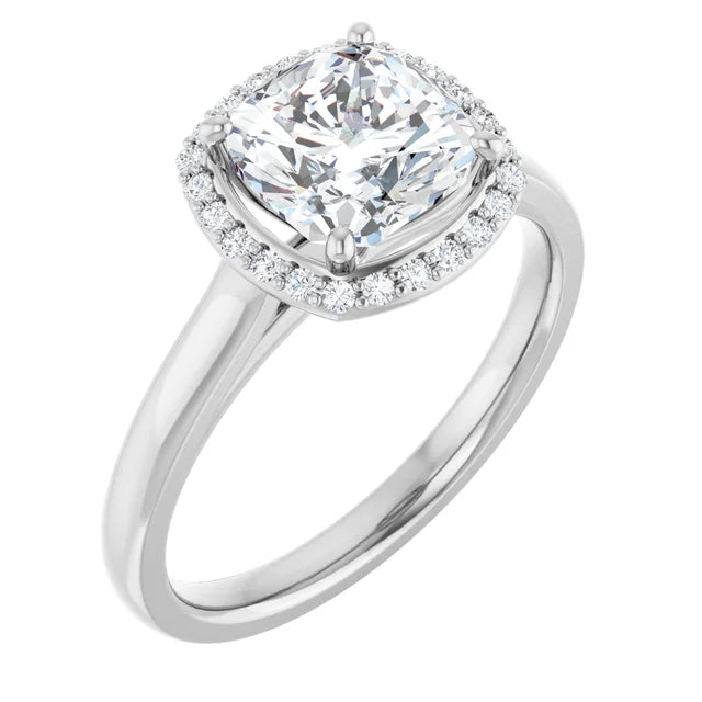 White Gold Cushion Halo Solitaire Engagement Ring. Moissanite  