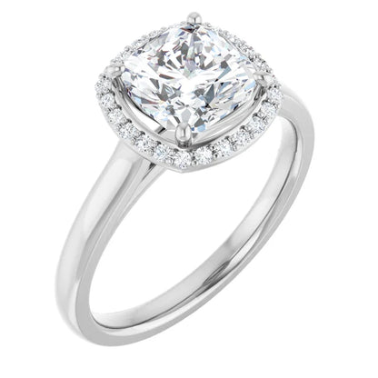 White Gold Cushion Halo Solitaire Engagement Ring. Moissanite  