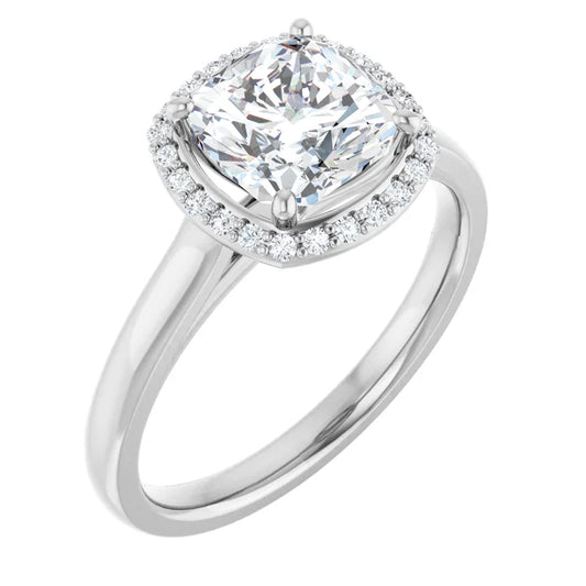 White Gold Cushion Halo Solitaire Engagement Ring. Moissanite  