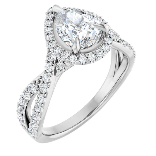 Pear White Gold Twist Band Halo Moissanite Engagement Ring  