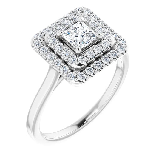Princess White Gold Double Halo Solitaire Moissanite Engagement Ring 