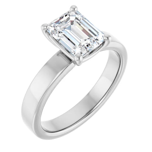 Emerald White Gold Wide Band Solitaire Moissanite Engagement Ring