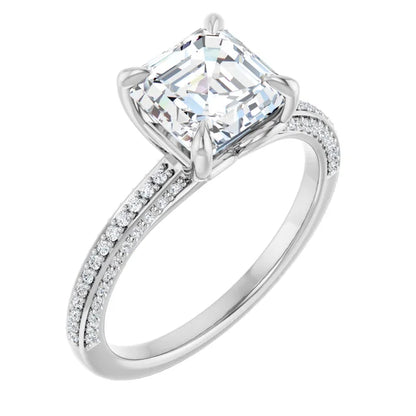 Asscher White Gold Pave Moissanite Engagement Ring 