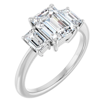 Emerald White Gold Tri Stone Moissanite Engagement Ring 