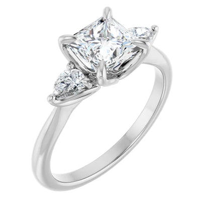 Princess Tri -Stone Style Pear Accent Engagement Ring