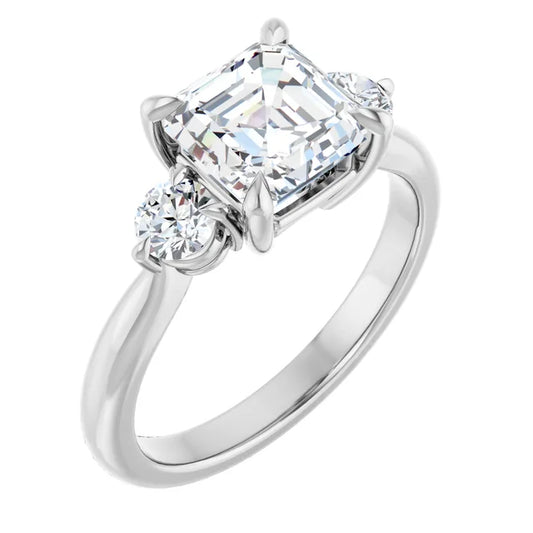 Asscher White Gold Tri Stone Moissanite Engagement Ring 